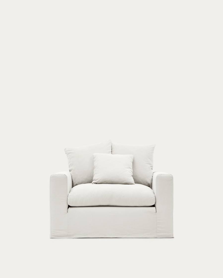 Nora armchair with removable cover with linen and cotton cushion in ecru 140cm