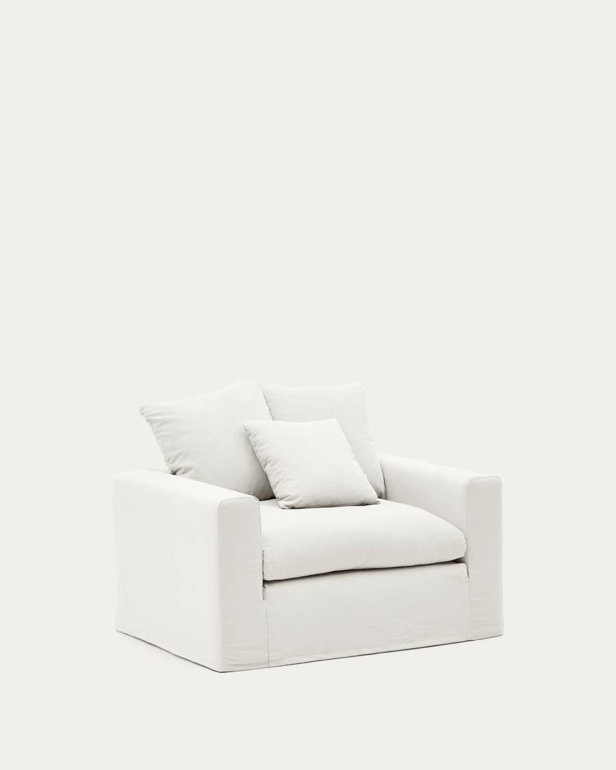 Nora armchair with removable cover with linen and cotton cushion in ecru 140cm