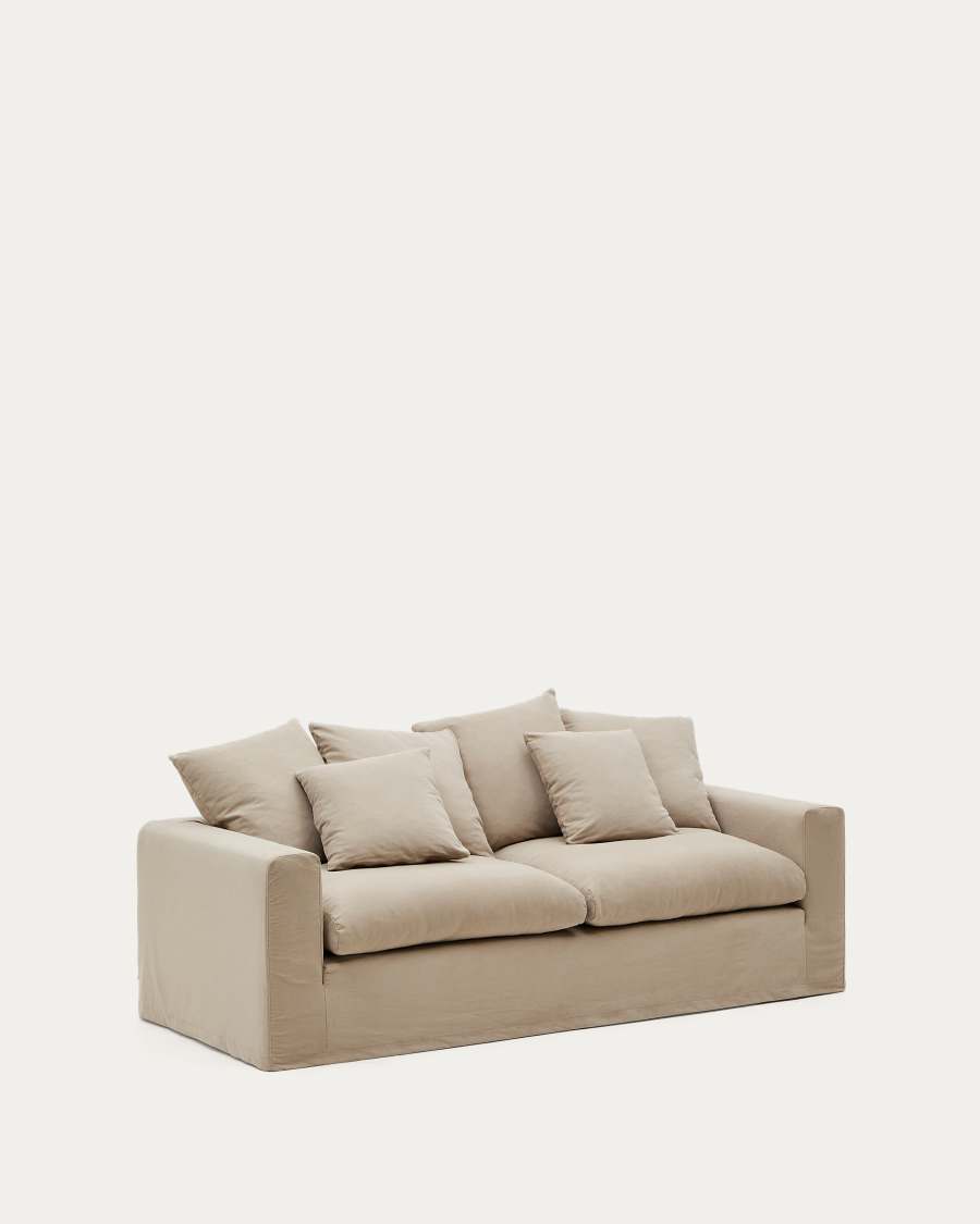 Nora 3-seater sofa with removable cover with linen and cotton cushions in taupe 240cm