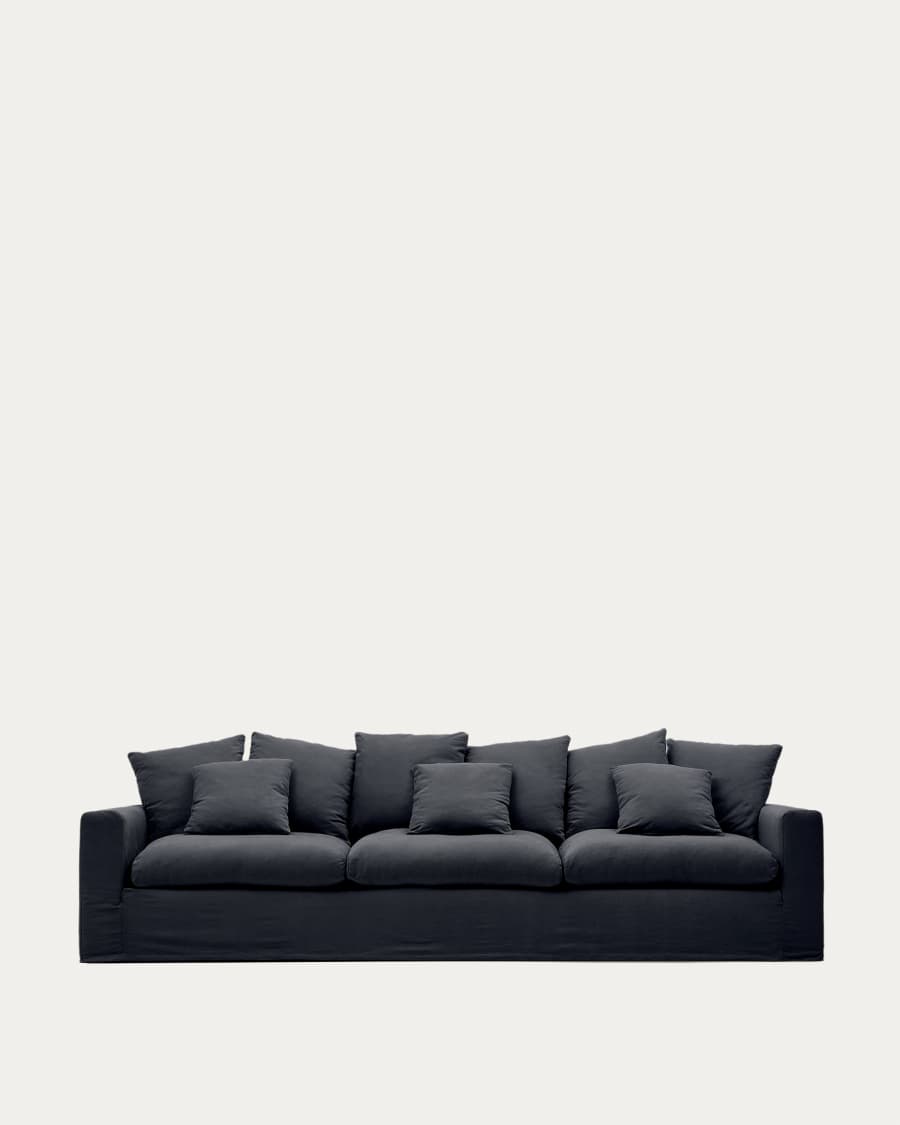 Nora 4-seater sofa with removable cover with linen and cotton cushions in anthracite grey 340cm