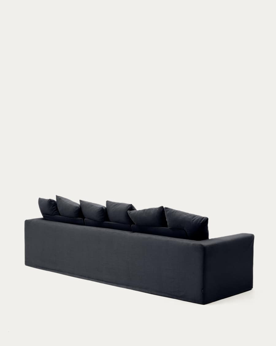 Nora 4-seater sofa with removable cover with linen and cotton cushions in anthracite grey 340cm