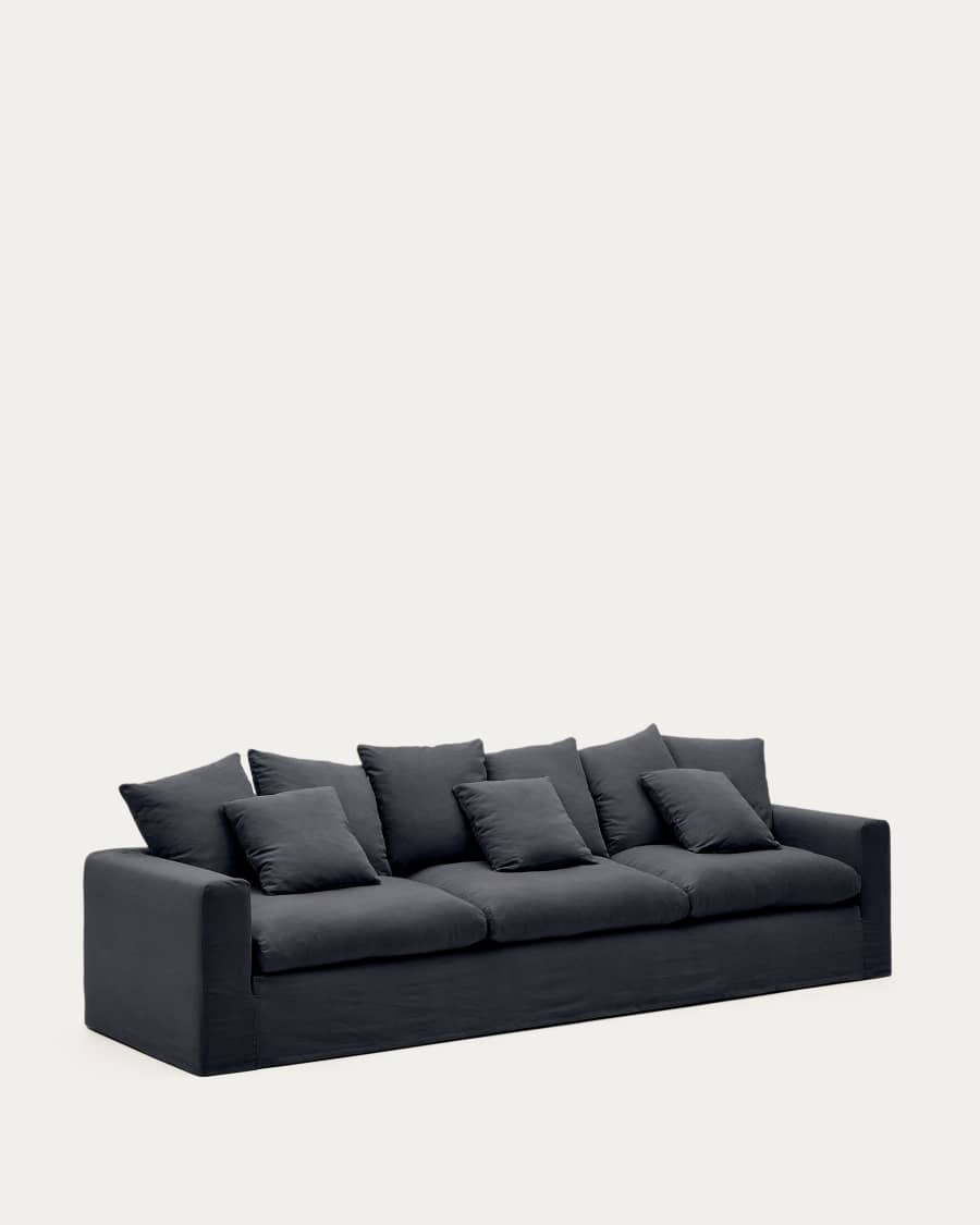 Nora 4-seater sofa with removable cover with linen and cotton cushions in anthracite grey 340cm