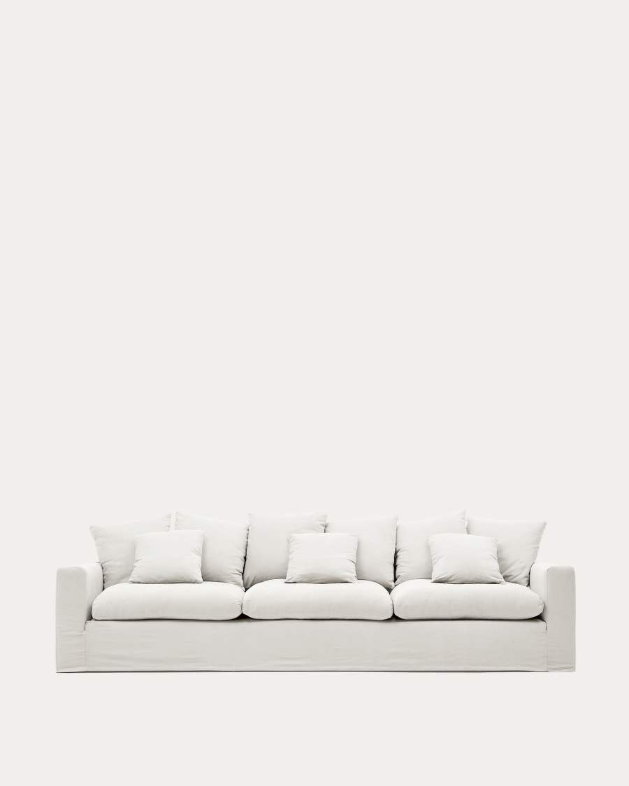 Nora 4-seater sofa with removable cover with linen and cotton cushions in ecru 340cm