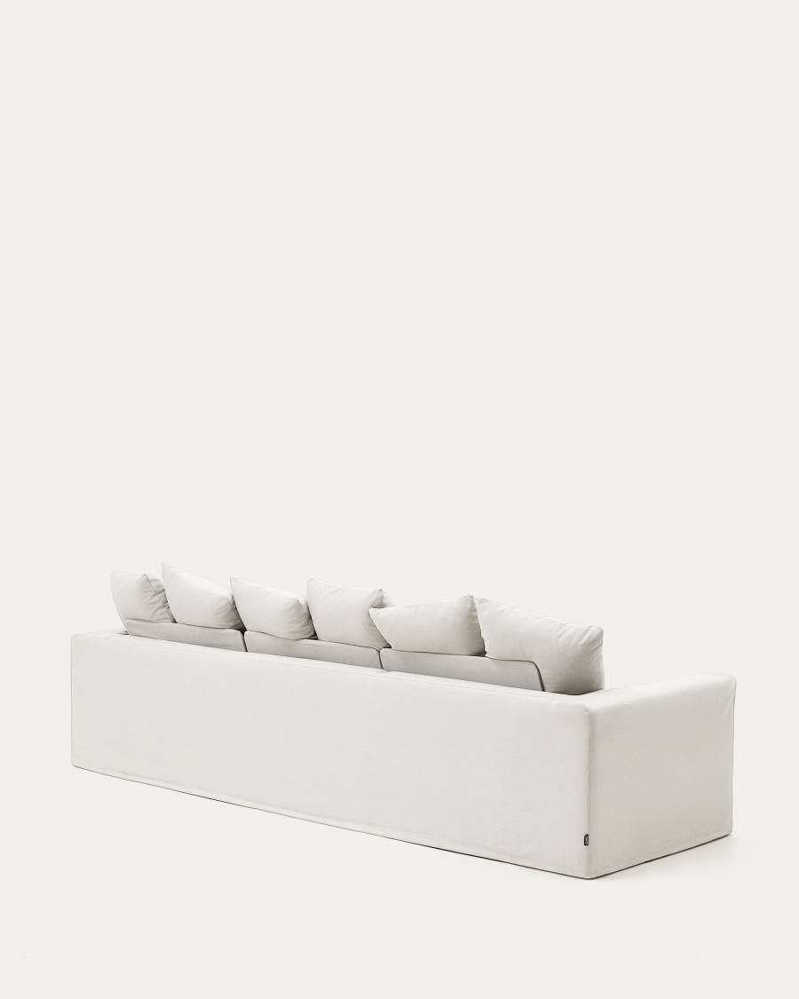 Nora 4-seater sofa with removable cover with linen and cotton cushions in ecru 340cm