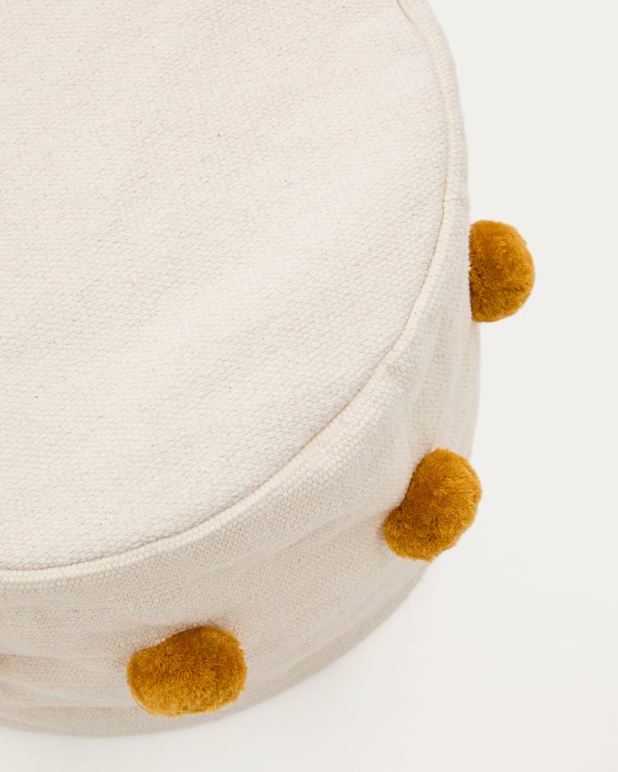 Manua poef van katoen beige met mosterdkleurige kwastjes Ø 40 cm