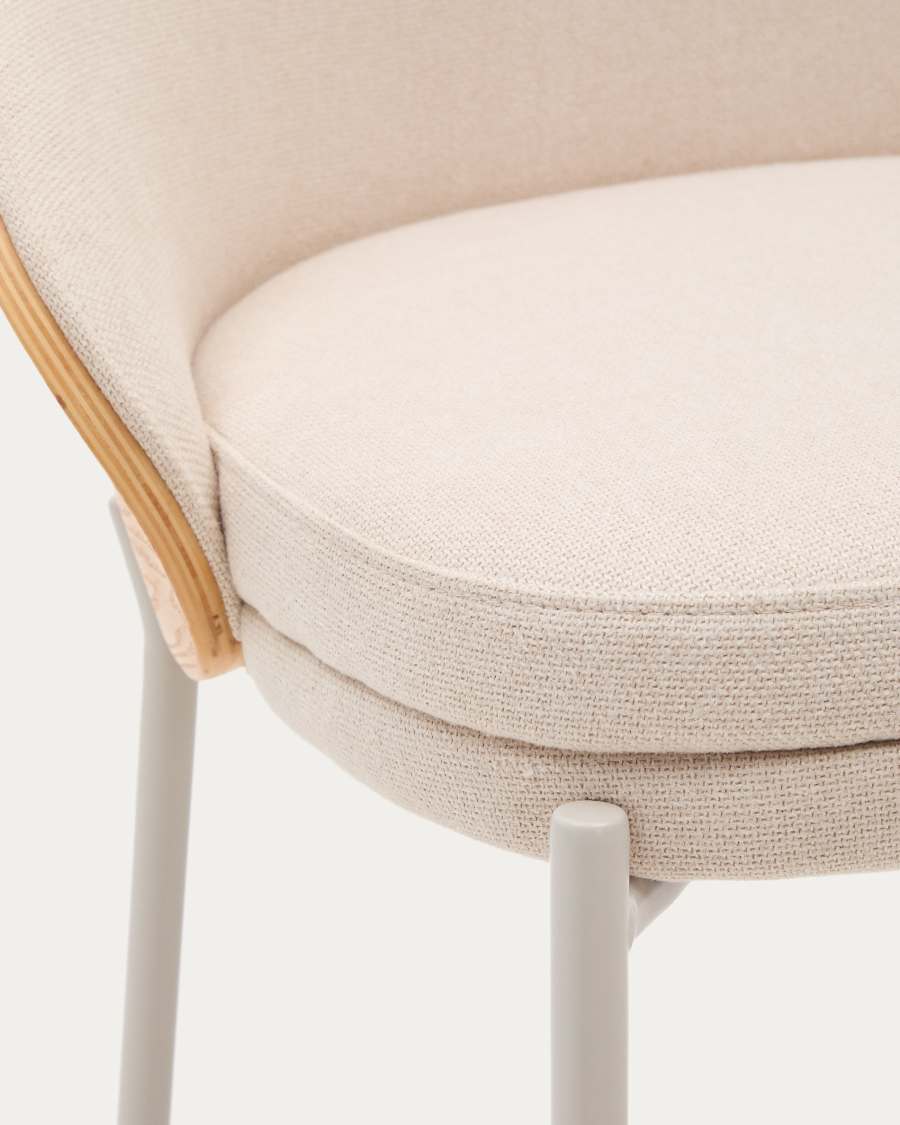 Tabouret Eamy en chenille beige, placage de frêne, finition naturelle et métal beige hauteur 77 cm