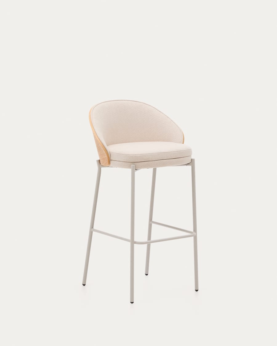 Tabouret Eamy en chenille beige, placage de frêne, finition naturelle et métal beige hauteur 77 cm