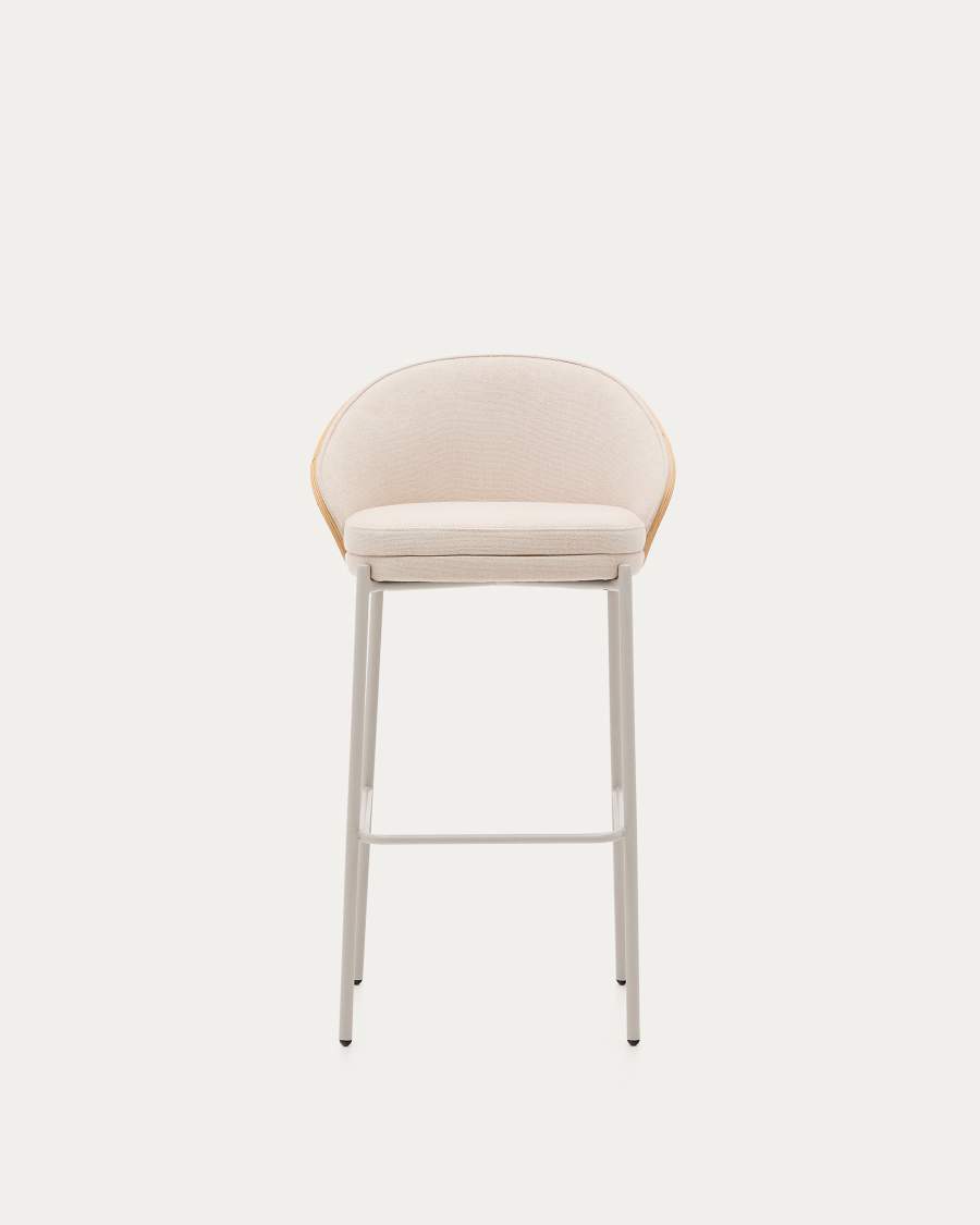 Tabouret Eamy en chenille beige, placage de frêne, finition naturelle et métal beige hauteur 77 cm
