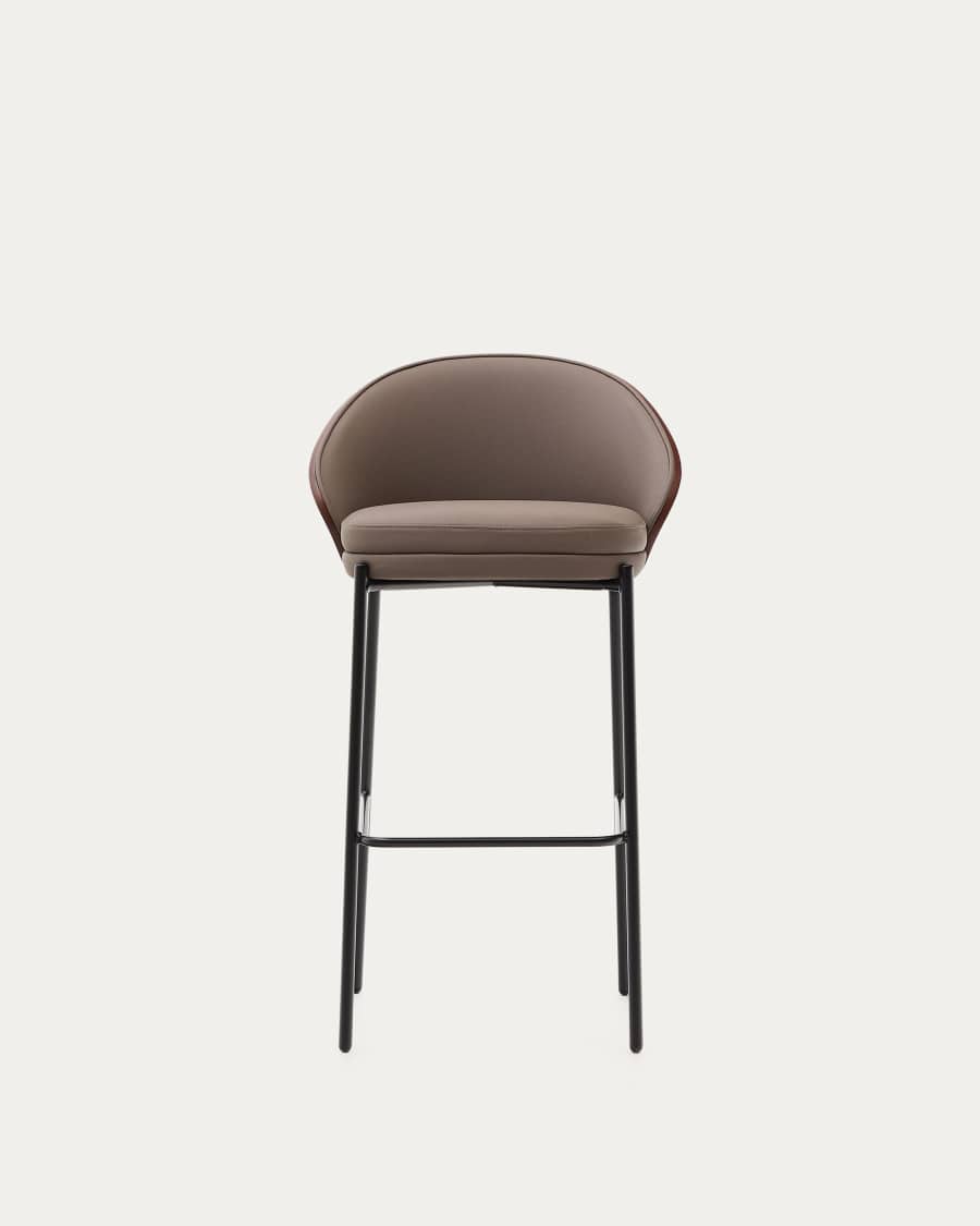 Eamy stool in brown faux leather, ash veneer with walnut finish and brown metal 77 cm