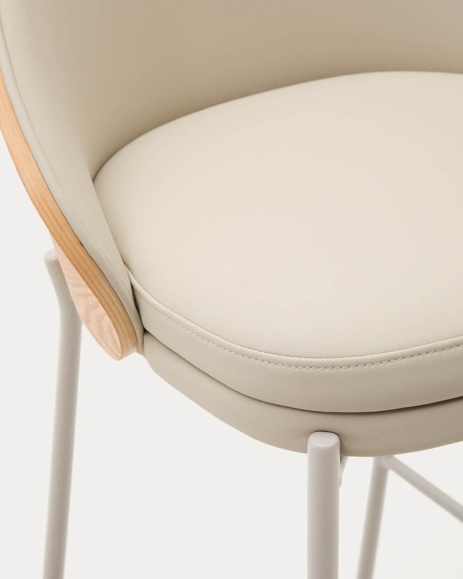 Eamy stool in beige faux leather, natural finish ash veneer and beige metal 65cm