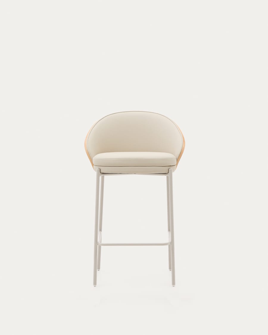 Eamy stool in beige faux leather, natural finish ash veneer and beige metal 65cm