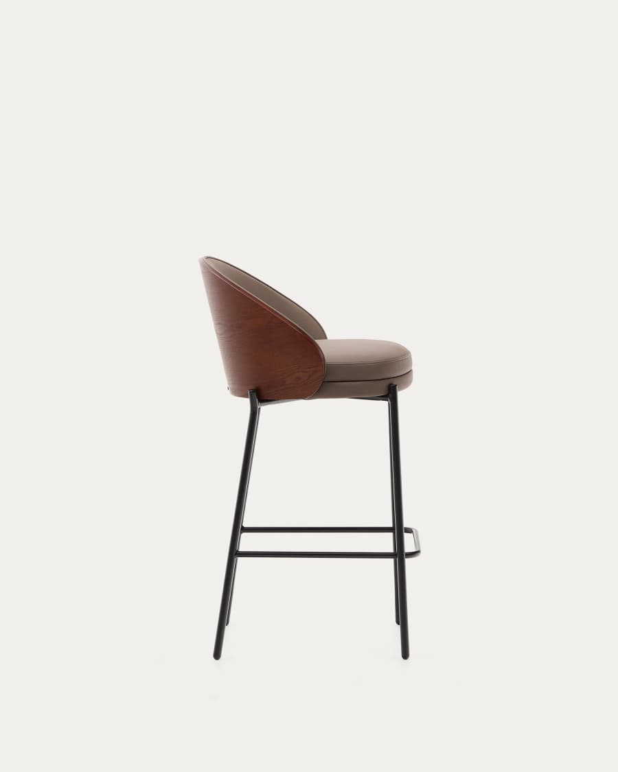 Eamy stool in brown faux leather, ash veneer, walnut finish and black metal 65 cm