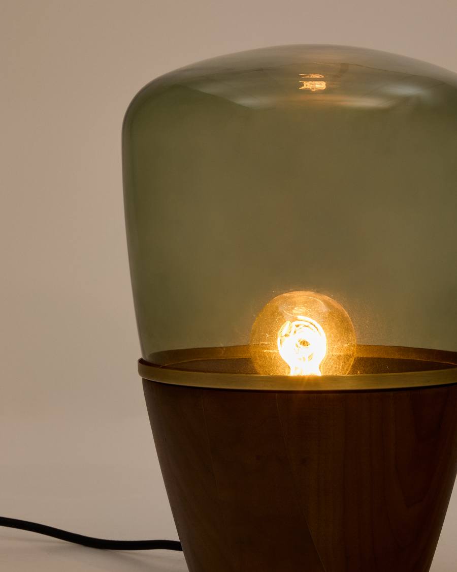 Silex table lamp made of walnut veneer and green glass