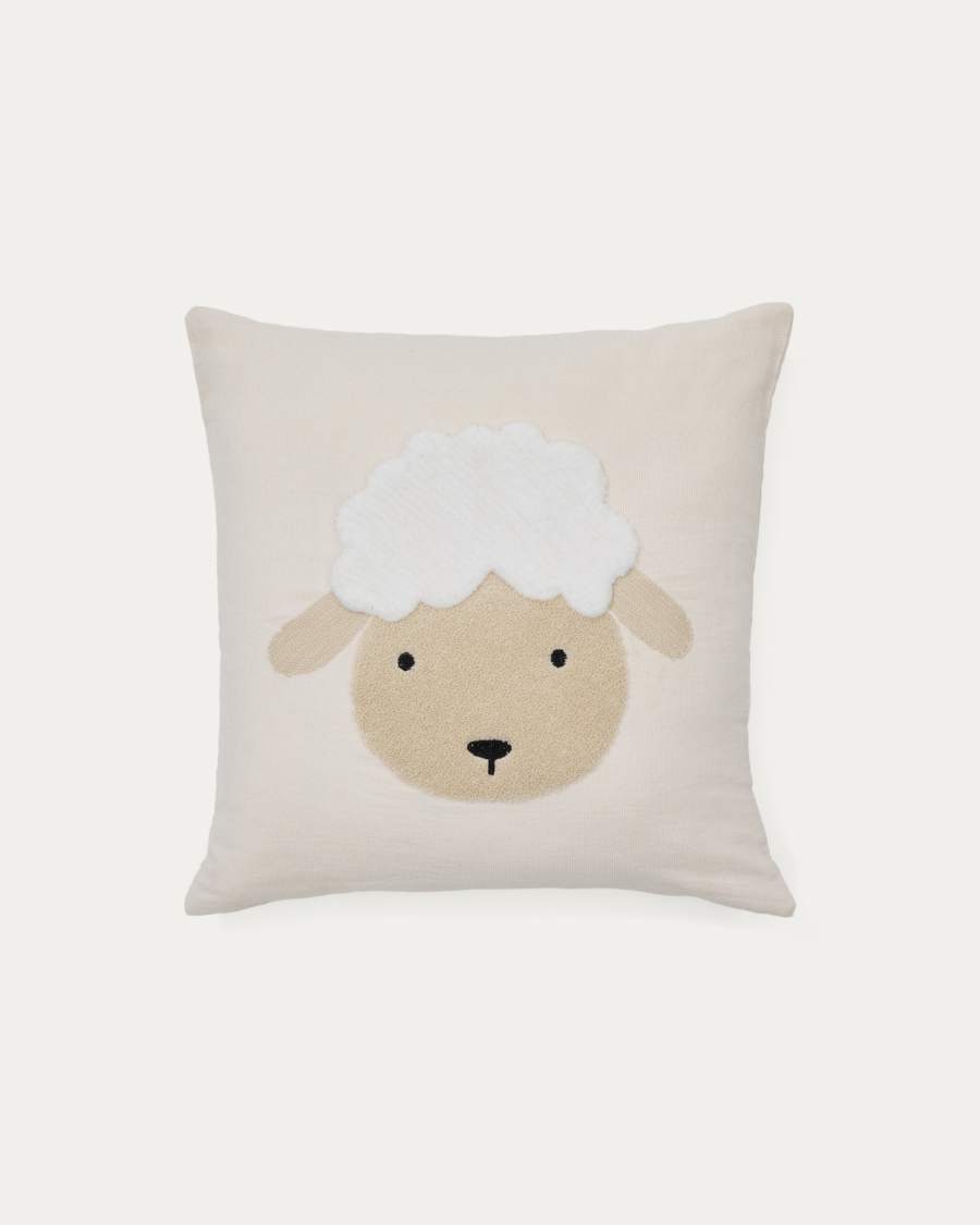Housse de coussin Milu en coton beige motif mouton brodé 45 x 45 cm