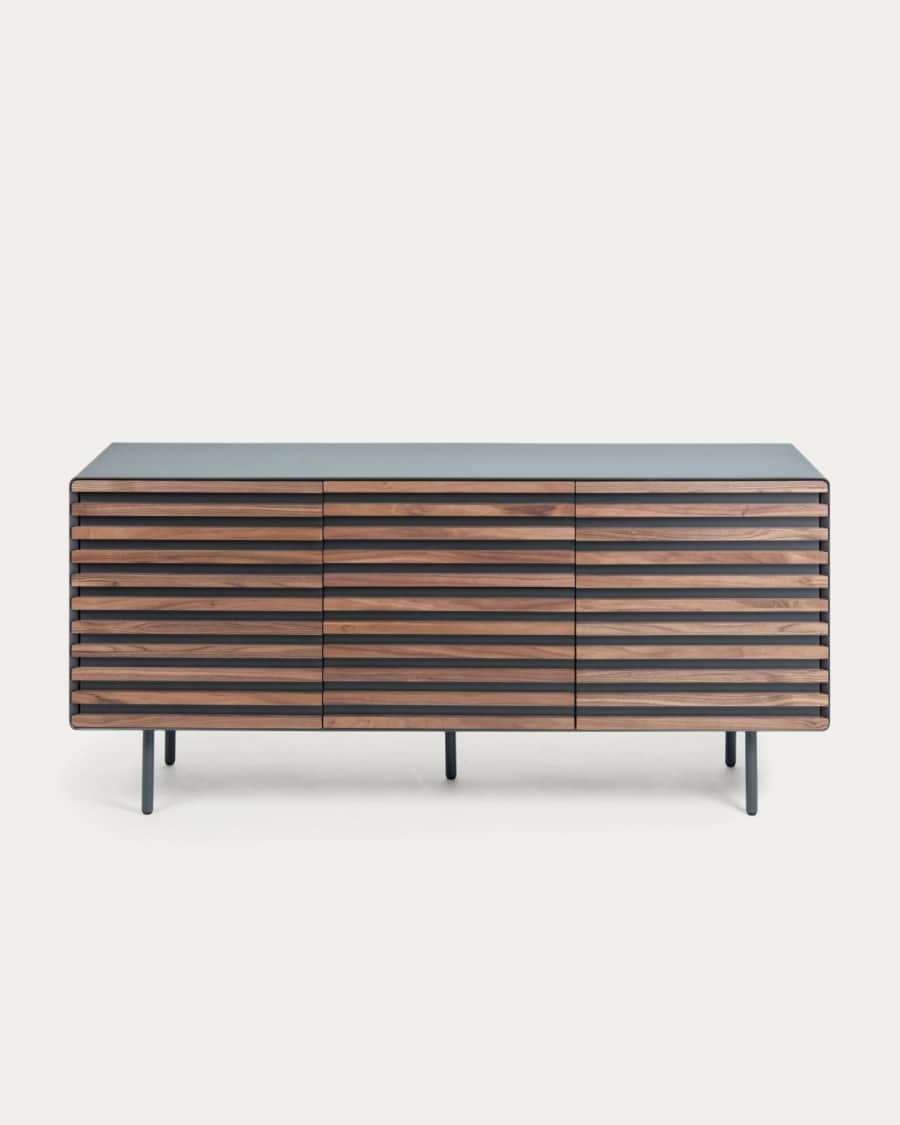 Kesia 2-deurs dressoir in notenhoutfineer met zwarte lak & zwart staal, 162 x 74 cm