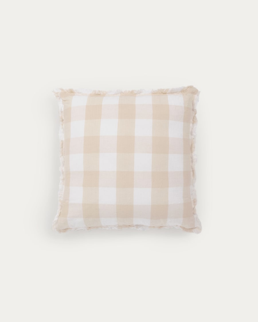 Fodera cuscino Dawa in cotone e lino a quadretti bianchi e beige 45 x 45 cm