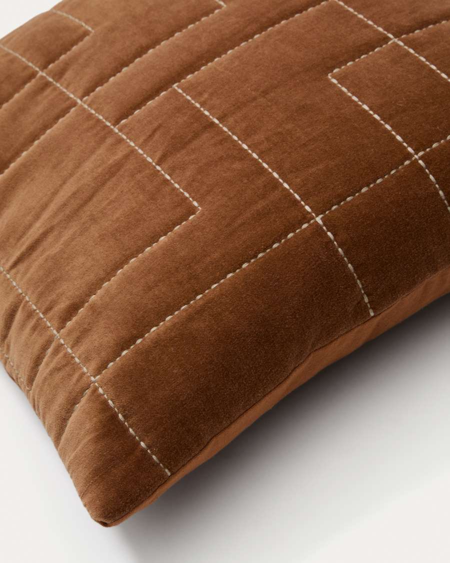 Prila terracotta-coloured velvet cotton cushion cover with embroidery feature, 45 x 45 cm