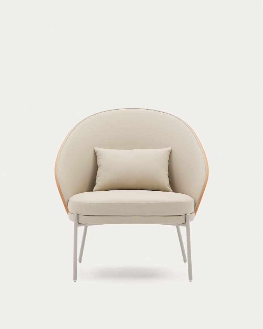 Eamy armchair in beige faux leather, ash veneer with natural finish and beige metal