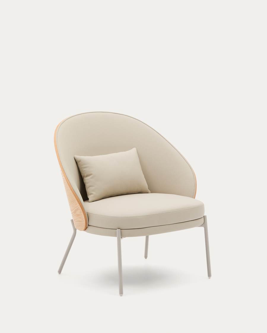 Eamy armchair in beige faux leather, ash veneer with natural finish and beige metal