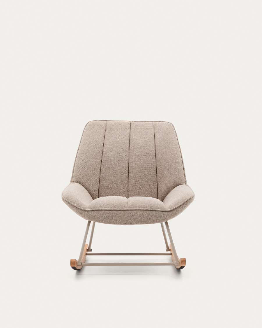 Fauteuil à bascule Marlina en tissu chenille beige et structure en métal, finition gris mat