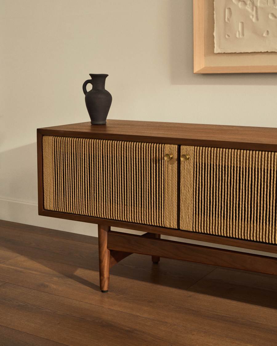 Elan TV cabinet 3 doors veneer and solid walnut and cord 200 x 50 cm FSC Mix Credit