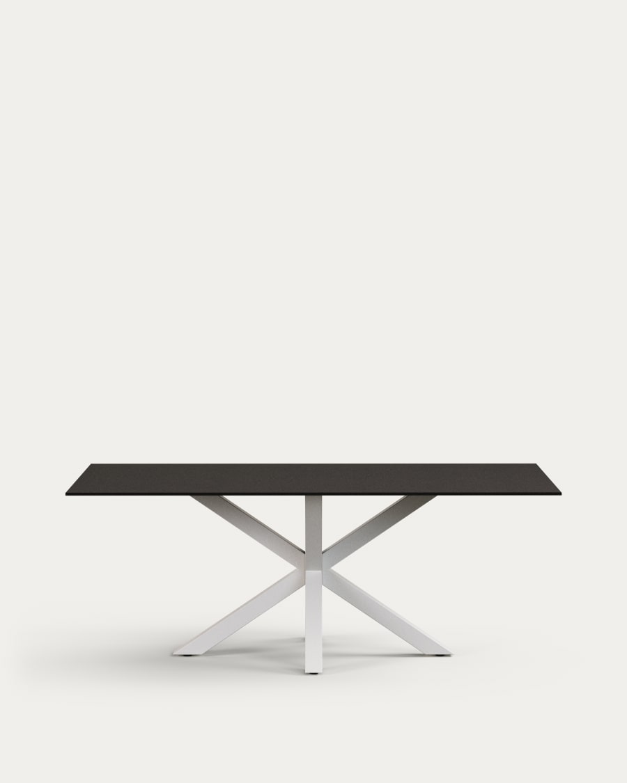 Table Argo en verre noir mat et pieds en acier finition blanche 200 x 100 cm