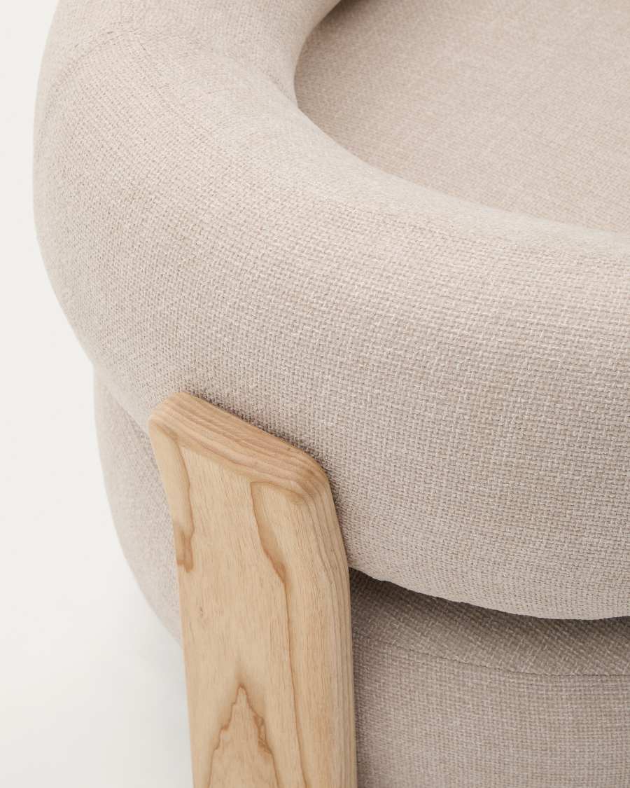 Granite beige chenille armchair with solid ash wood legs in a natural tone finish FSC 100%