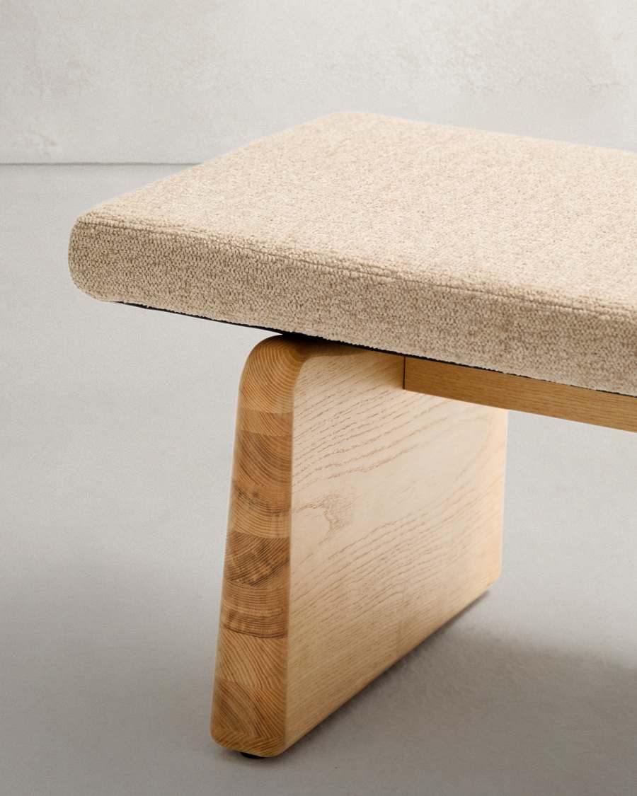 Topaz bench in beige chenille and FSC 100% solid ash wood in a natural finish, 150 cm