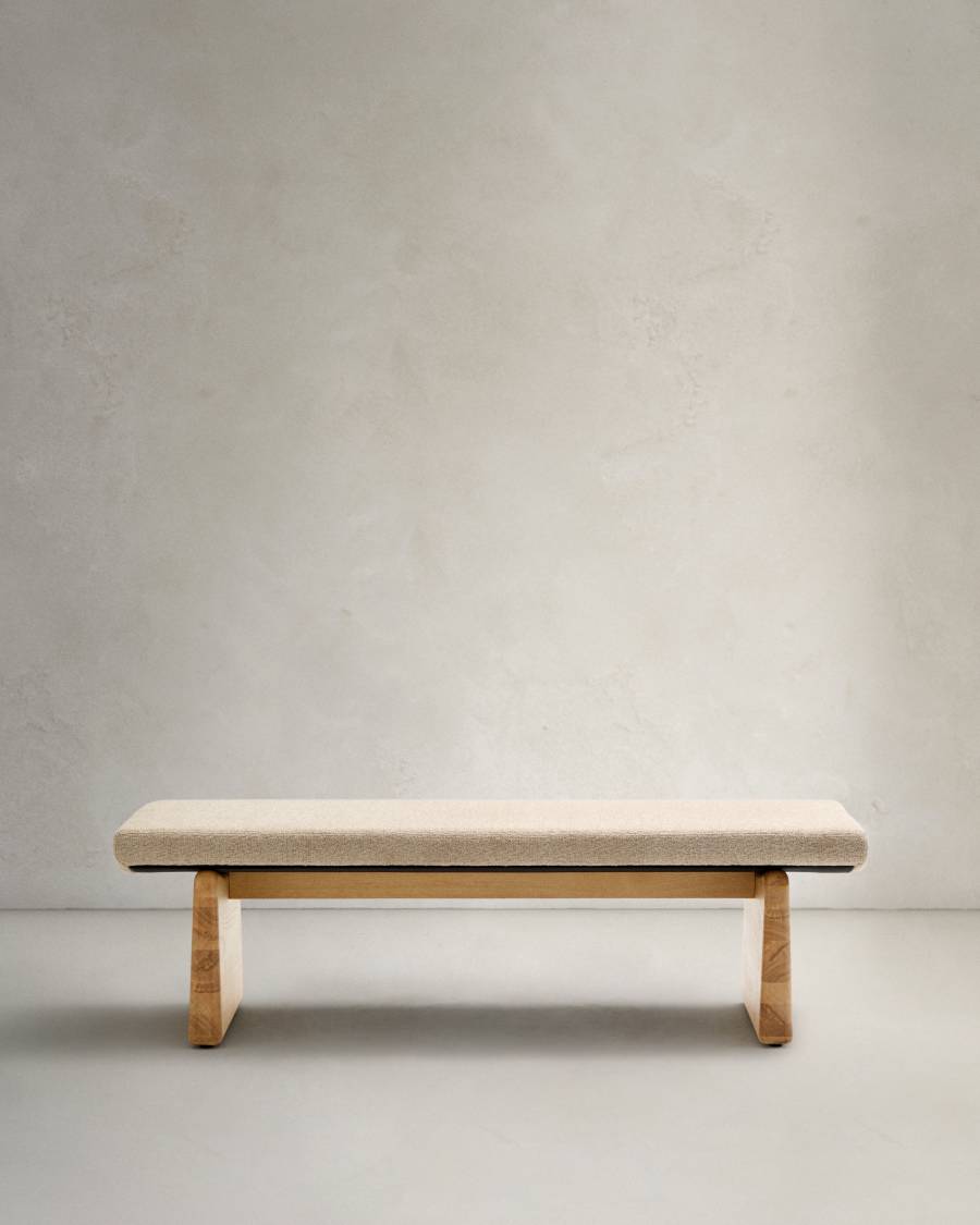 Topaz bench in beige chenille and FSC 100% solid ash wood in a natural finish, 150 cm