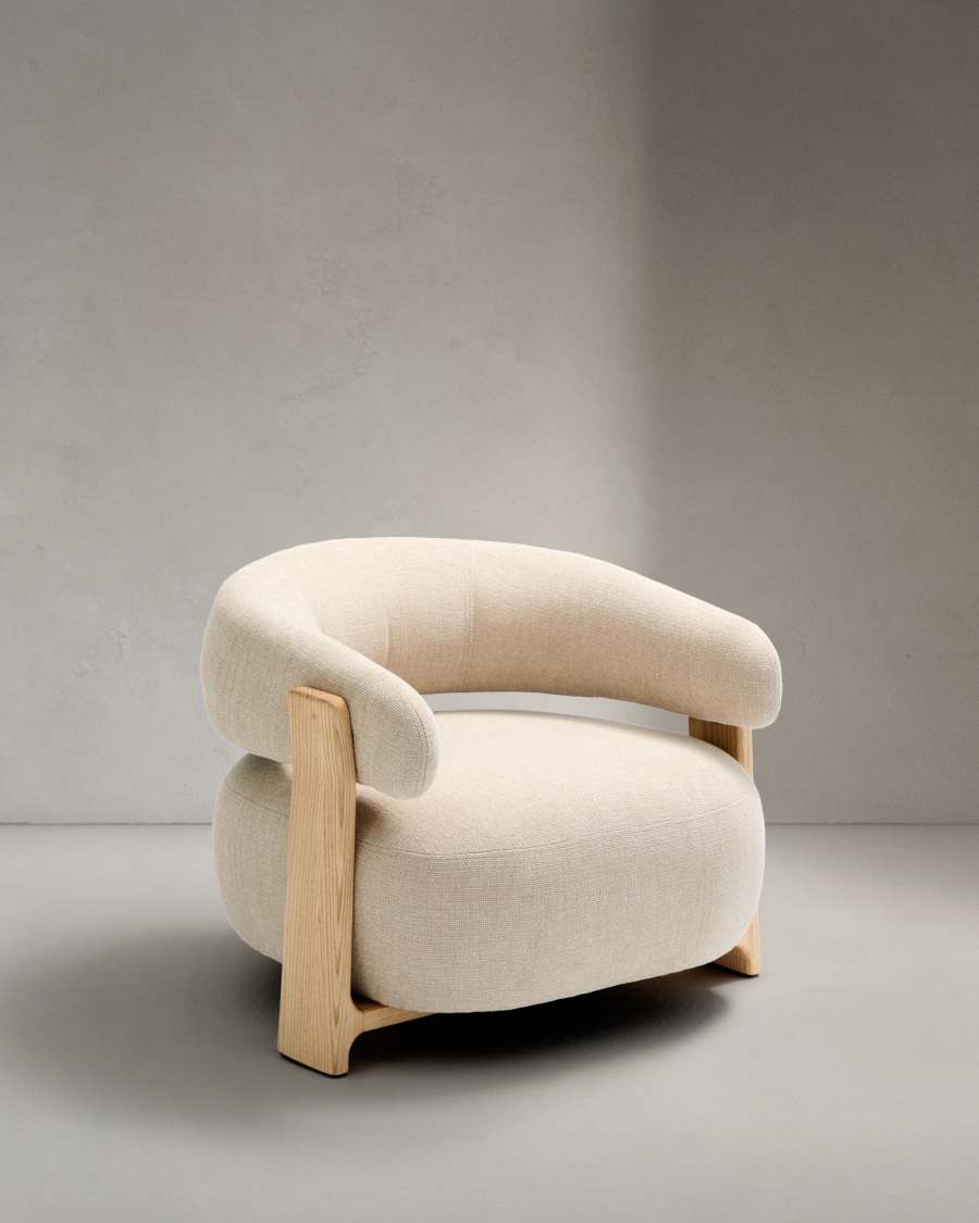 Granite beige chenille armchair with solid ash wood legs in a natural tone finish FSC 100%