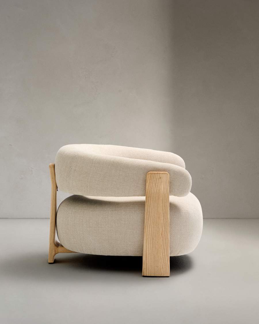 Granite beige chenille armchair with solid ash wood legs in a natural tone finish FSC 100%