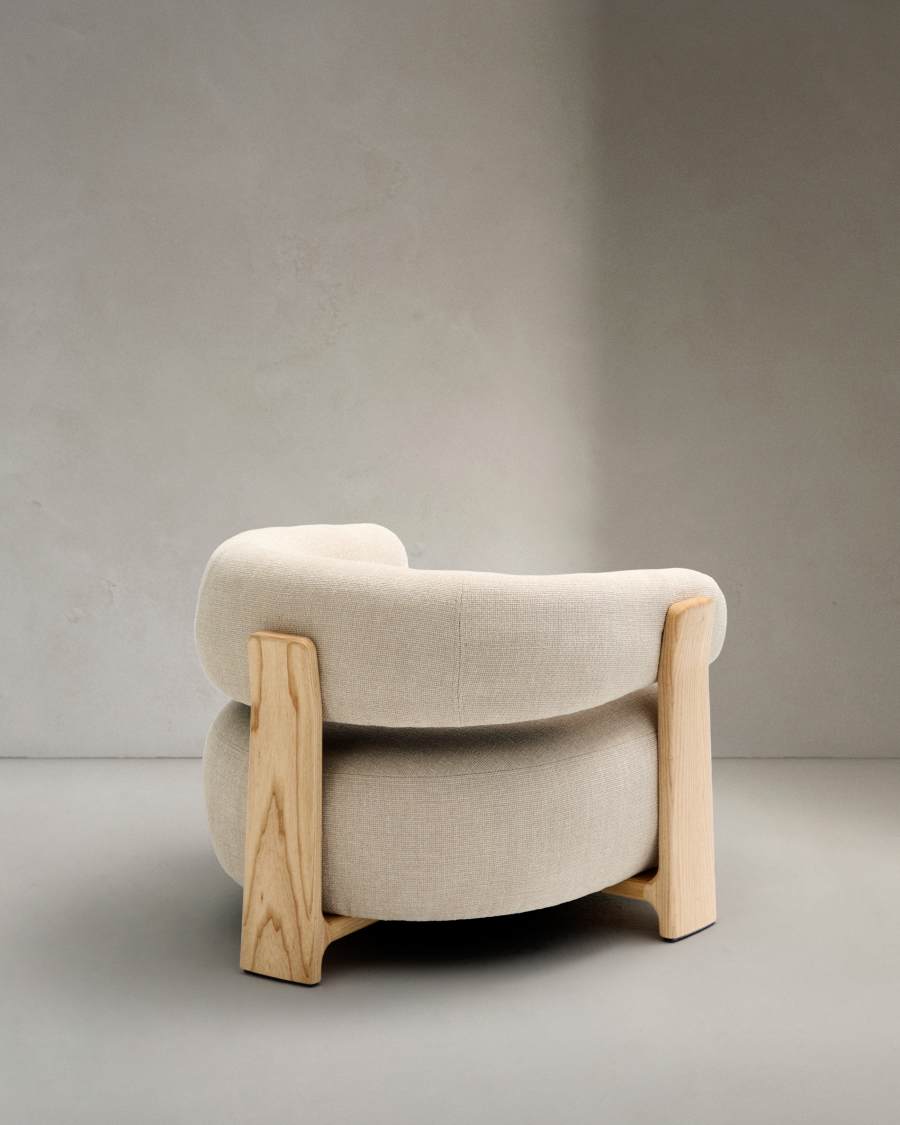 Granite beige chenille armchair with solid ash wood legs in a natural tone finish FSC 100%