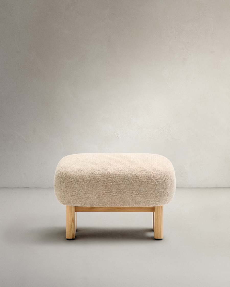 Nema beige chenille footstool with solid ash wood legs natural finish 65x55.4 cm FSC 100%