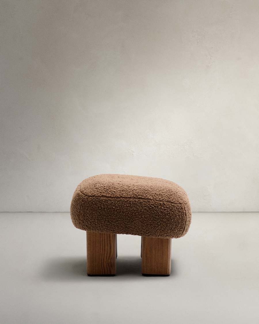 Nema taupe bouclé footstool with solid ash wood legs walnut finish 65x55.4cm FSC 100%