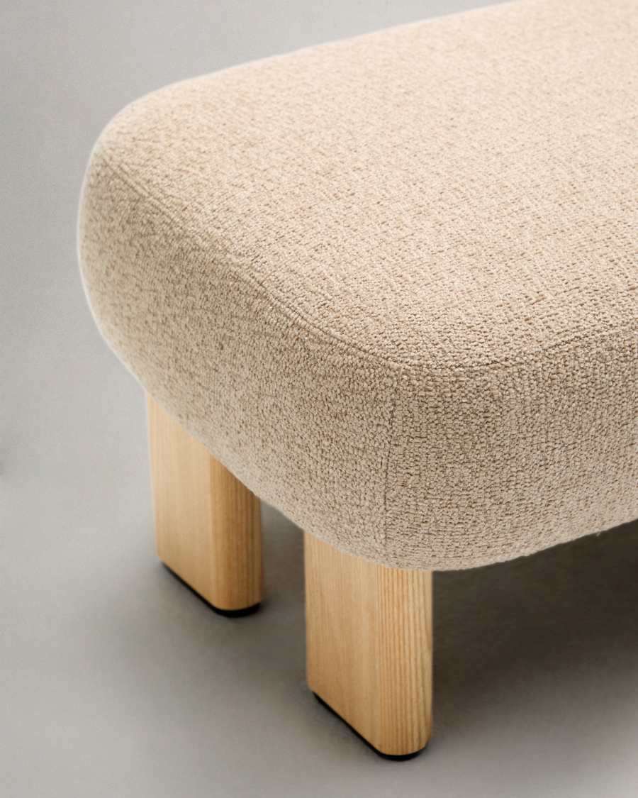 Nema beige chenille footstool with solid ash wood legs natural finish 65x55.4 cm FSC 100%