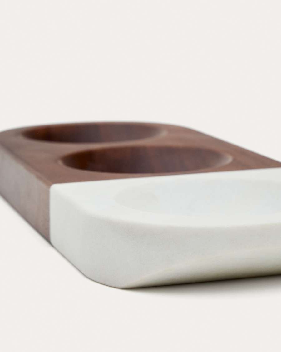 Tori serving dish for snacks made of acacia wood and white marble FSC 100%