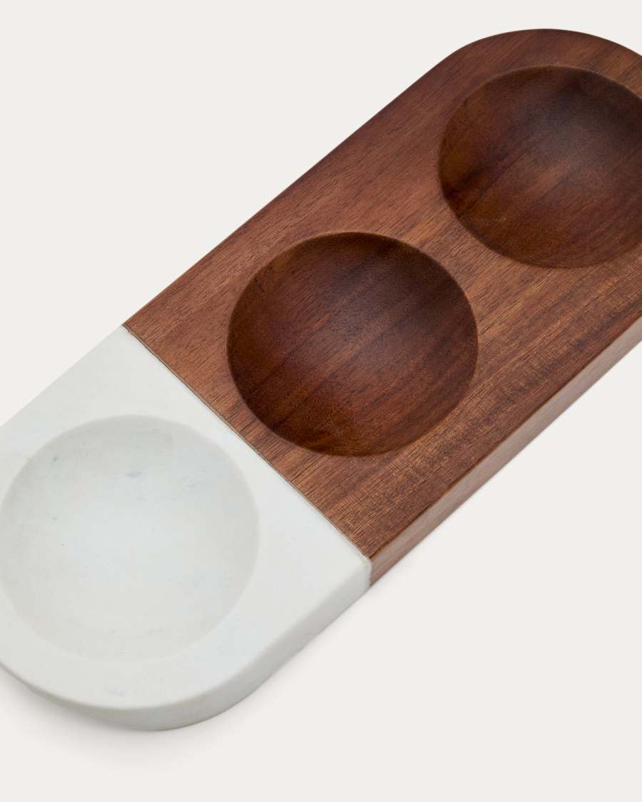 Tori serving dish for snacks made of acacia wood and white marble FSC 100%