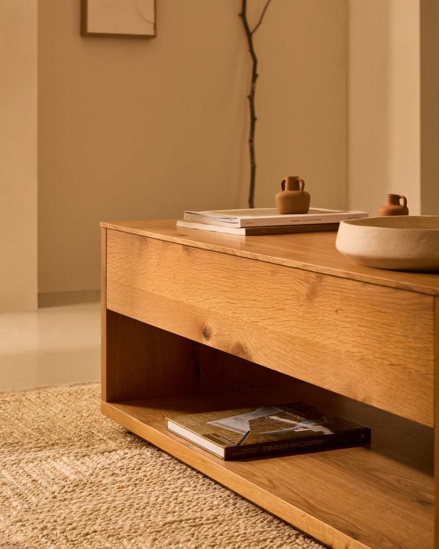 Alguema raisable coffee table in oak veneer with natural finish 120 x 60 cm