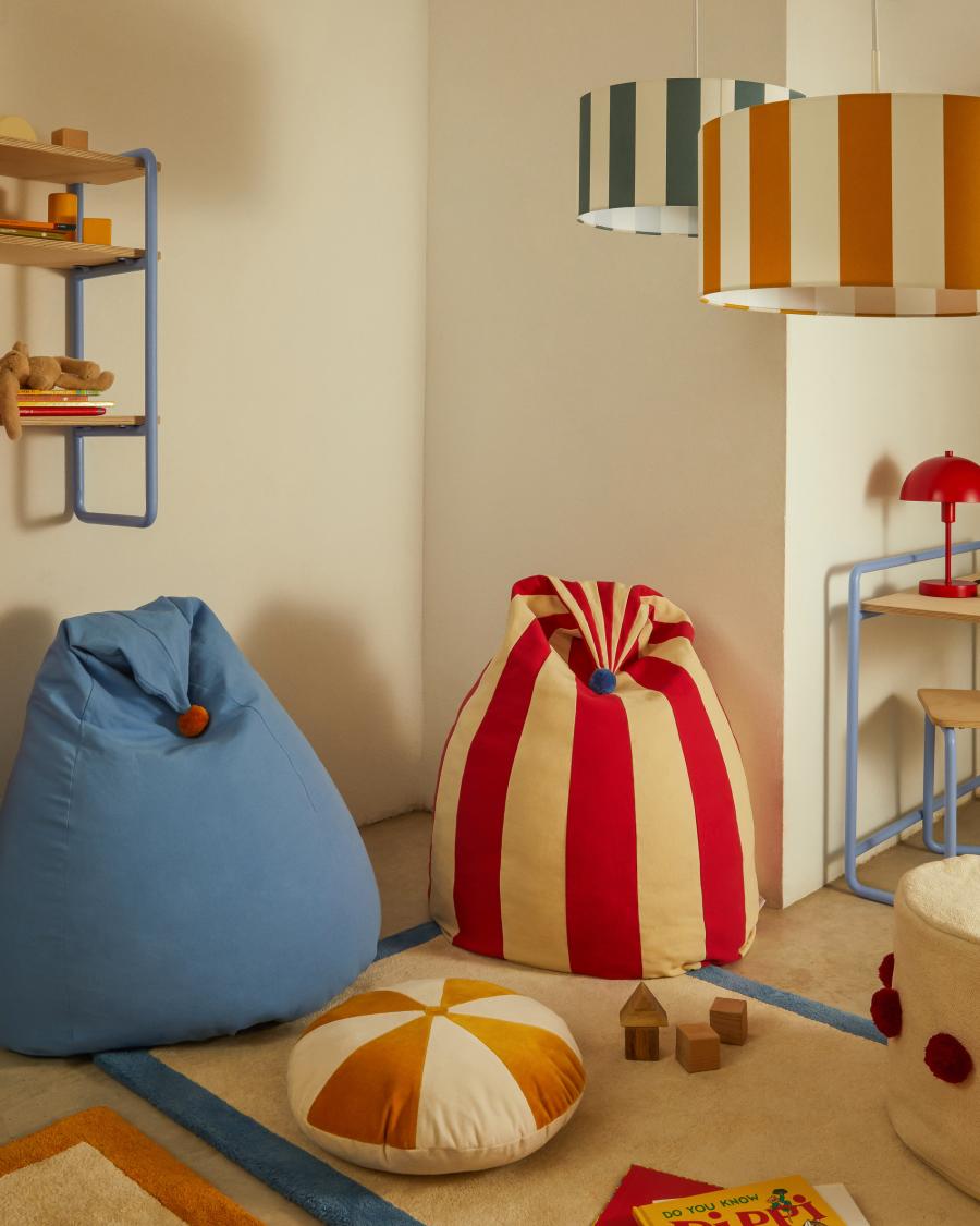 Olvi blue, cotton pouffe with mustard-coloured tassel, Ø 60 cm