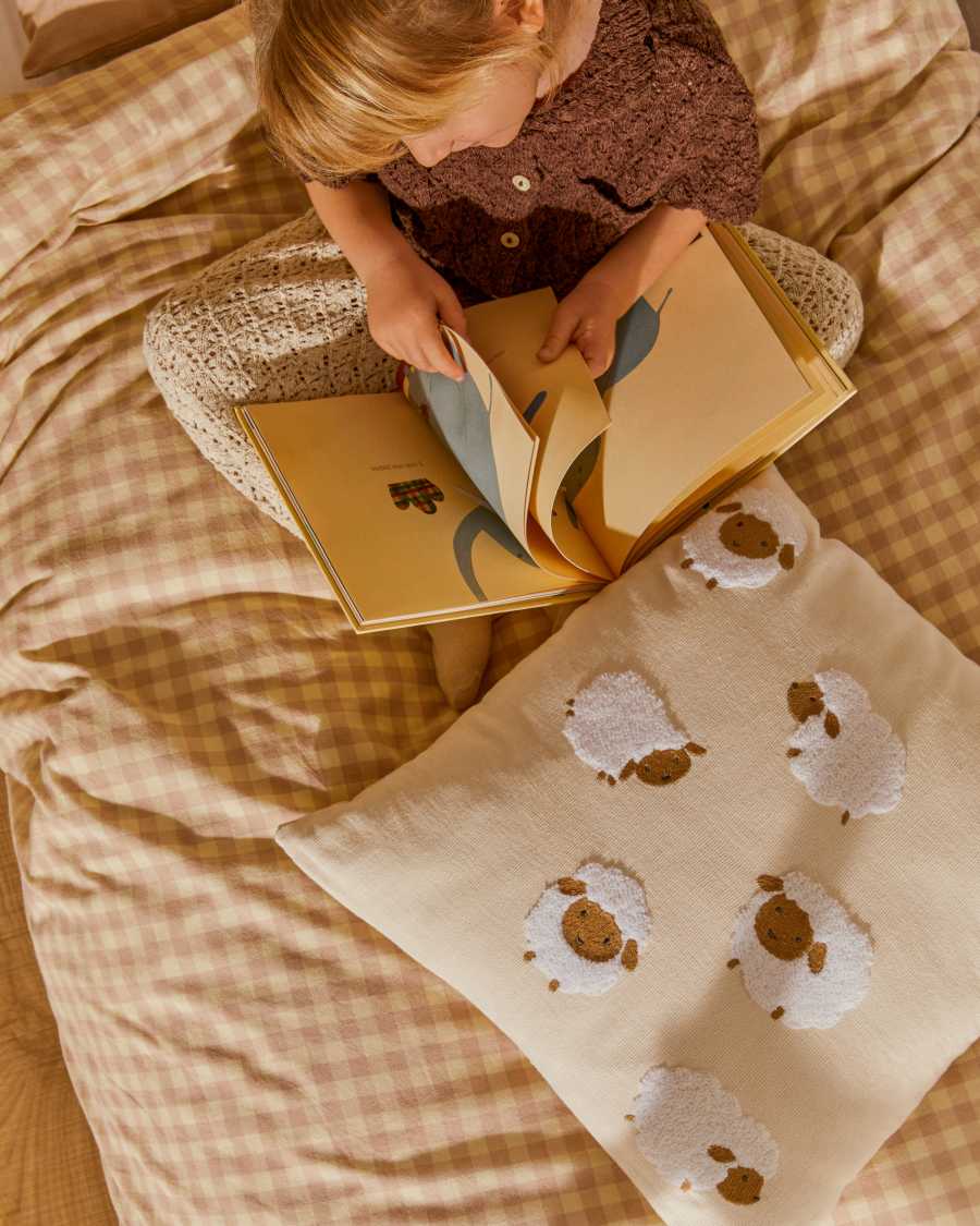 Set Yanil duvet cover, bottom and pillowcase 100% cotton pink and beige squares 70x140cm