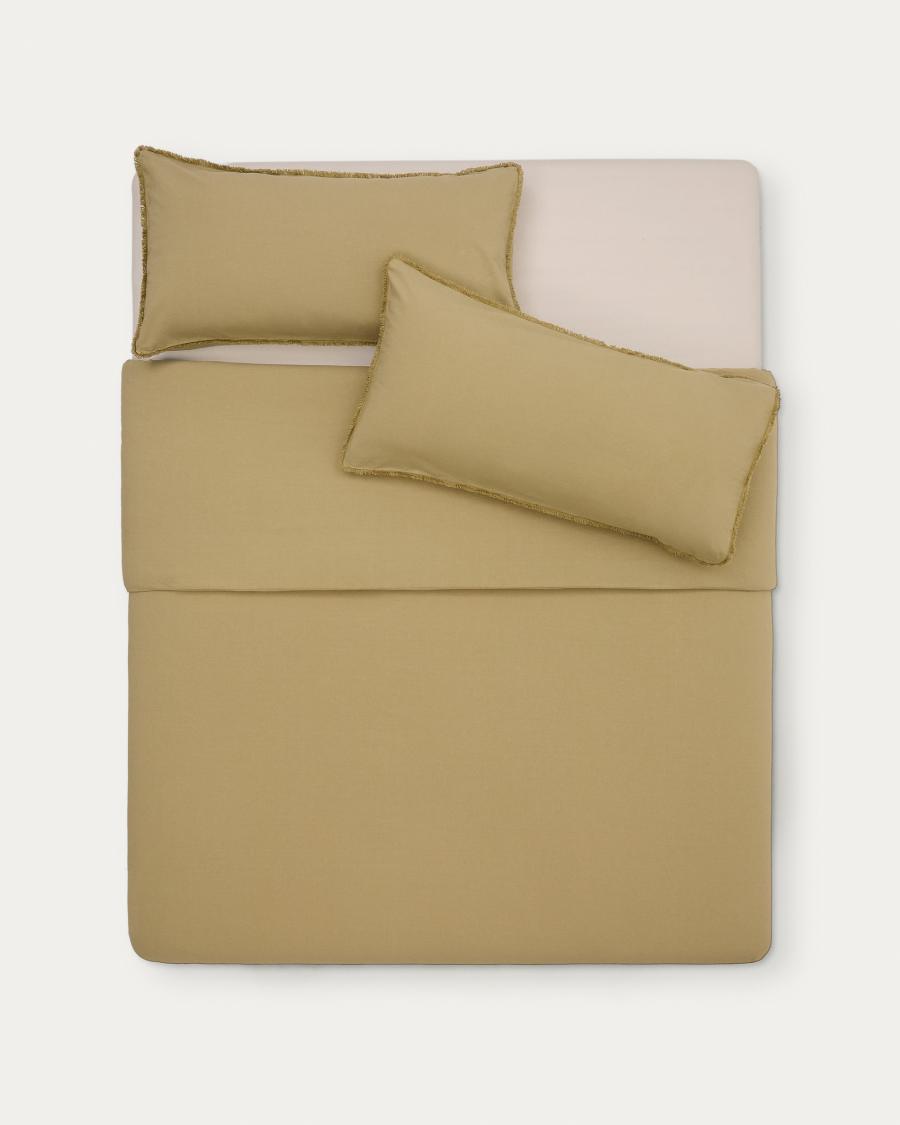 Sifinia green duvet cover and pillowcase set, 100% cotton percale fringes, 180 cm bed