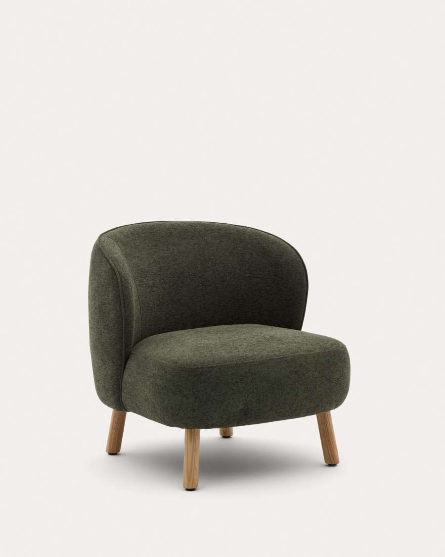 Ulit armchair in green chenille with solid beech wood legs in a natural finish