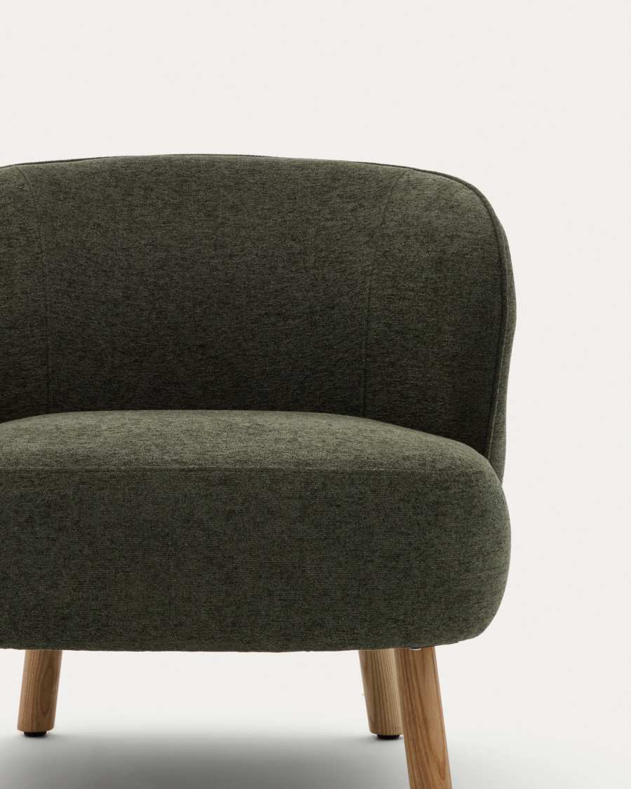 Ulit armchair in green chenille with solid beech wood legs in a natural finish