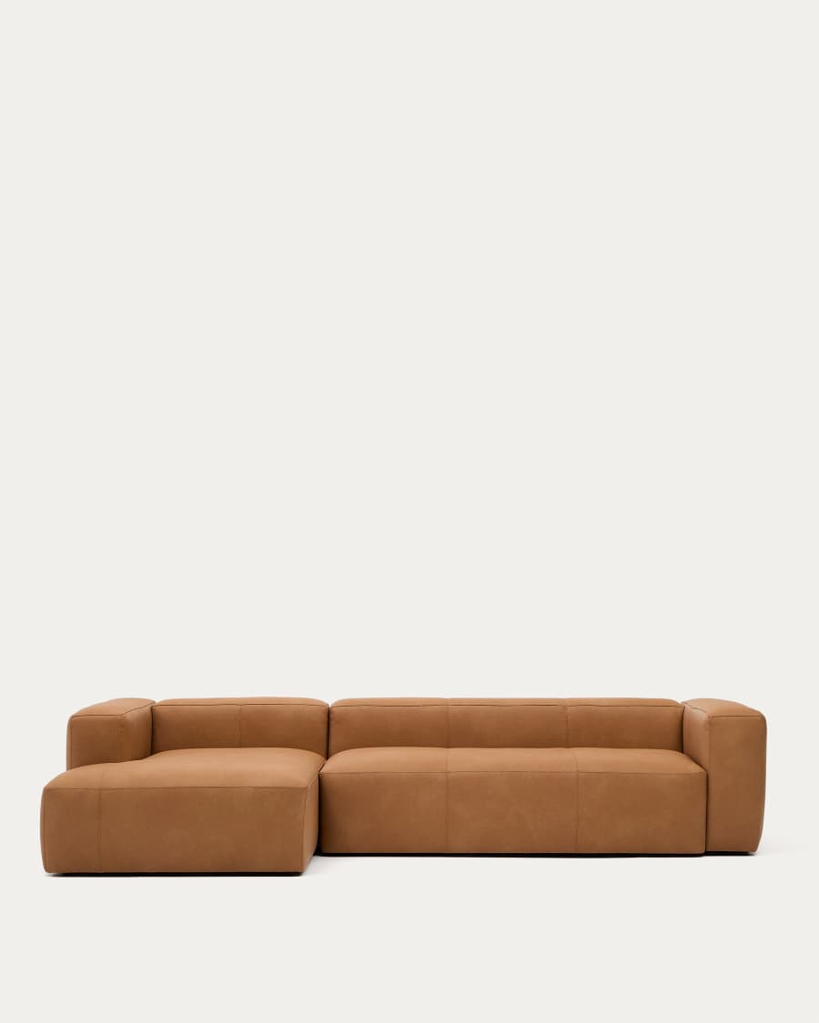 Blok brown leather 4-seater sofa, left chaise longue 330 cm