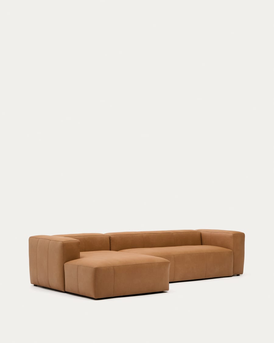 Blok brown leather 4-seater sofa, left chaise longue 330 cm