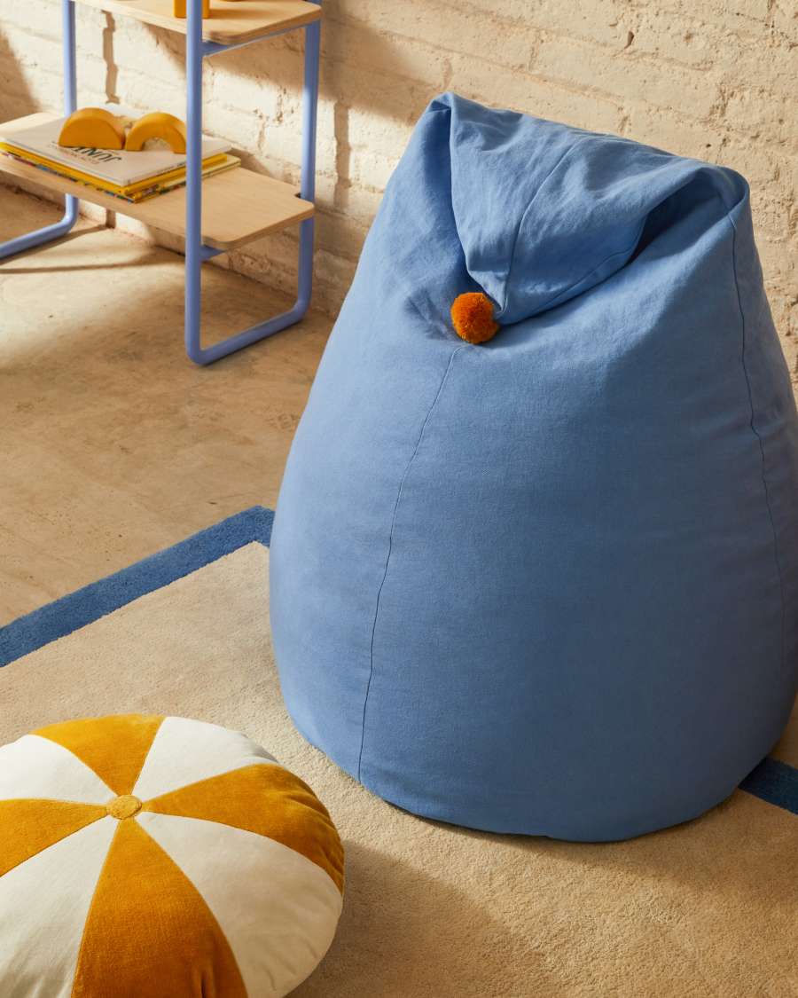 Olvi blue, cotton pouffe with mustard-coloured tassel, Ø 60 cm