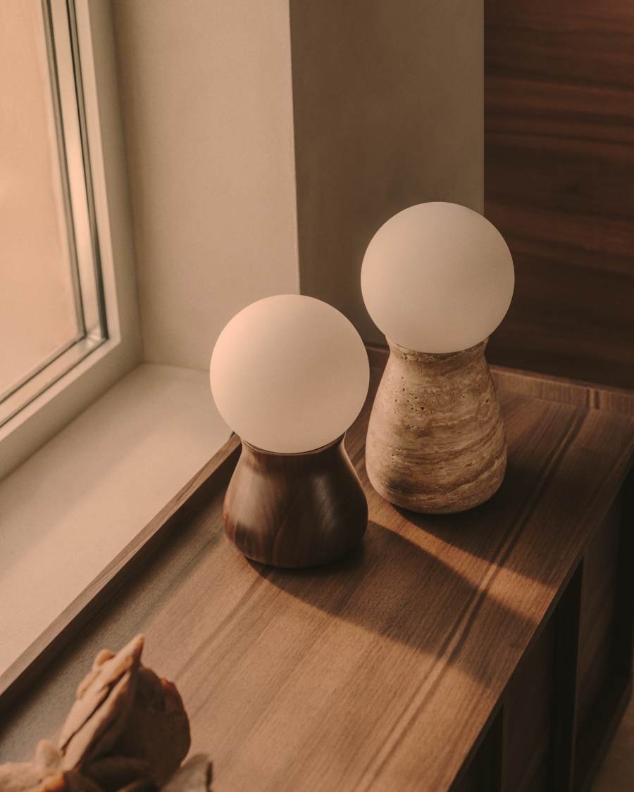 Okeni table lamp made of travertine and glass