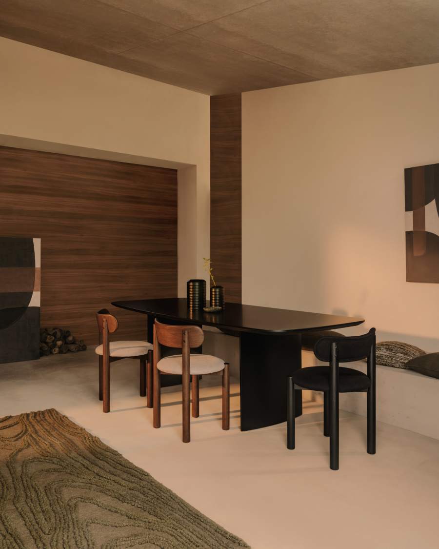 Nebai chair in black chenille with a solid oak wood structure and black finish FSC MIX Credit