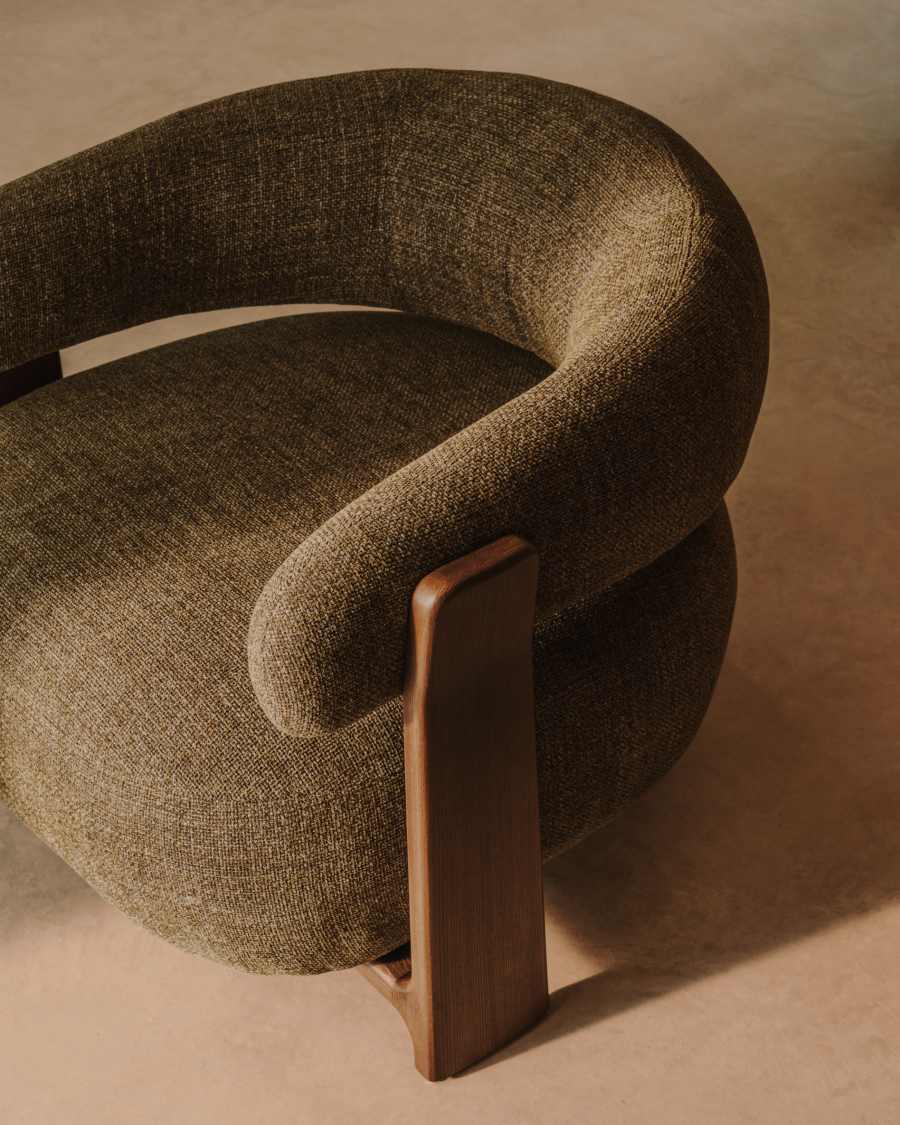 Granite fire-retardant armchair in green chenille and solid ash wood with walnut-coloured finish FSC 100%