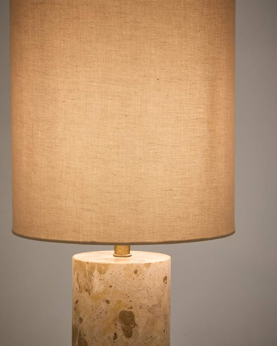 Raze table lamp in beige marble with a beige linen shade UK adapter